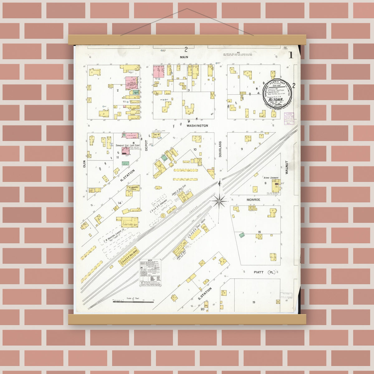 Old map wall art mockup — magnetic wood frame on brick wall — Sanborn Fire Insurance Map from Altona, Knox County, Illinois (1901) - Complete Map Set