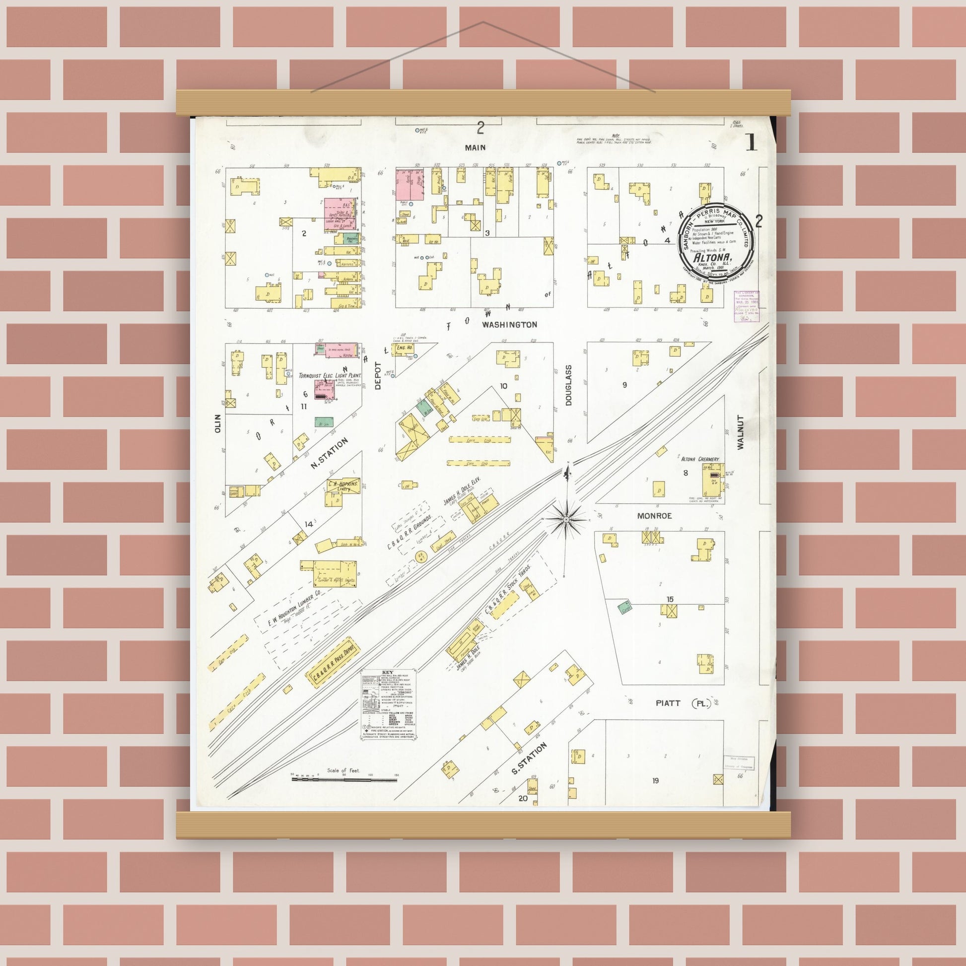 Old map wall art mockup — magnetic wood frame on brick wall — Sanborn Fire Insurance Map from Altona, Knox County, Illinois (1901) - Complete Map Set