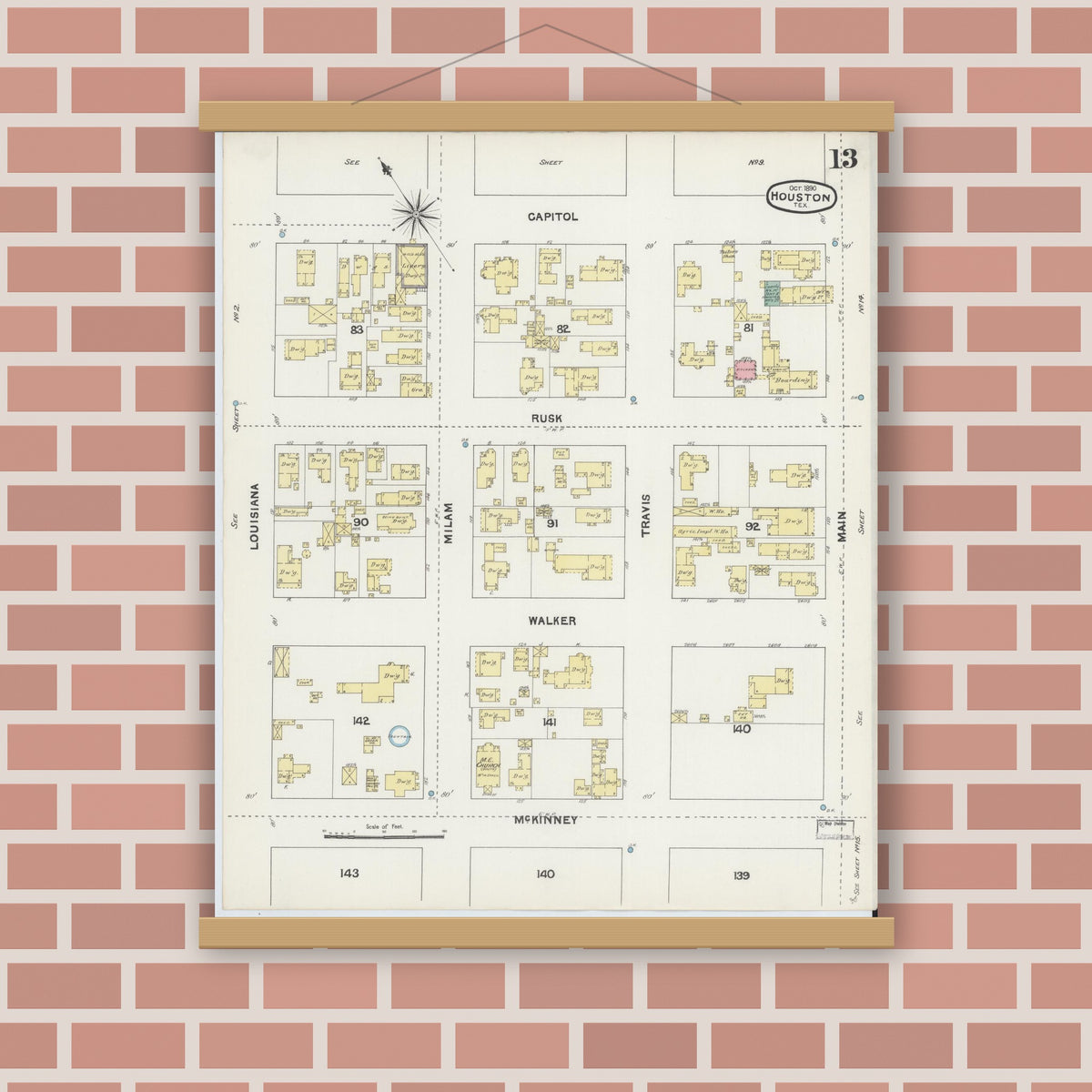 Old map wall art mockup — magnetic wood frame on brick wall — Sanborn Fire Insurance Map from Houston, Harris County, Texas (1890), Sheet #0013