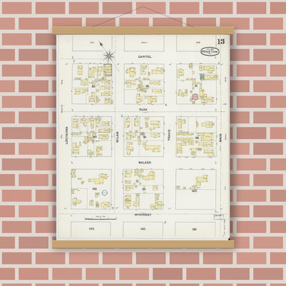 Old map wall art mockup — magnetic wood frame on brick wall — Sanborn Fire Insurance Map from Houston, Harris County, Texas (1890), Sheet #0013