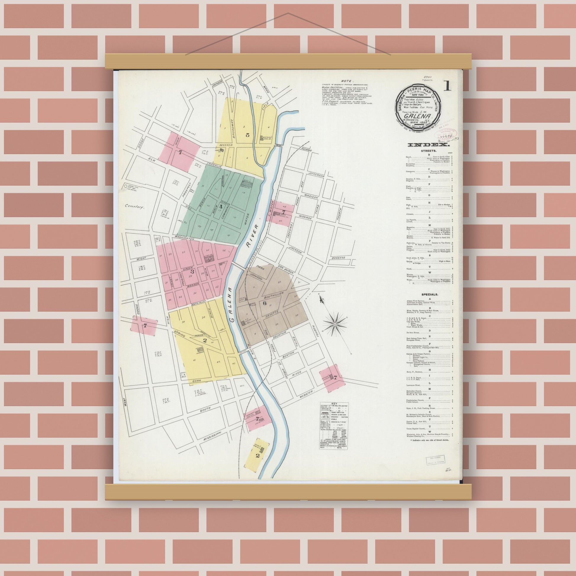 Old map wall art mockup — magnetic wood frame on brick wall — Sanborn Fire Insurance Map from Galena, Jo Daviess County, Illinois (1893), Sheet #0001