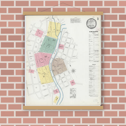 Old map wall art mockup — magnetic wood frame on brick wall — Sanborn Fire Insurance Map from Galena, Jo Daviess County, Illinois (1893), Sheet #0001