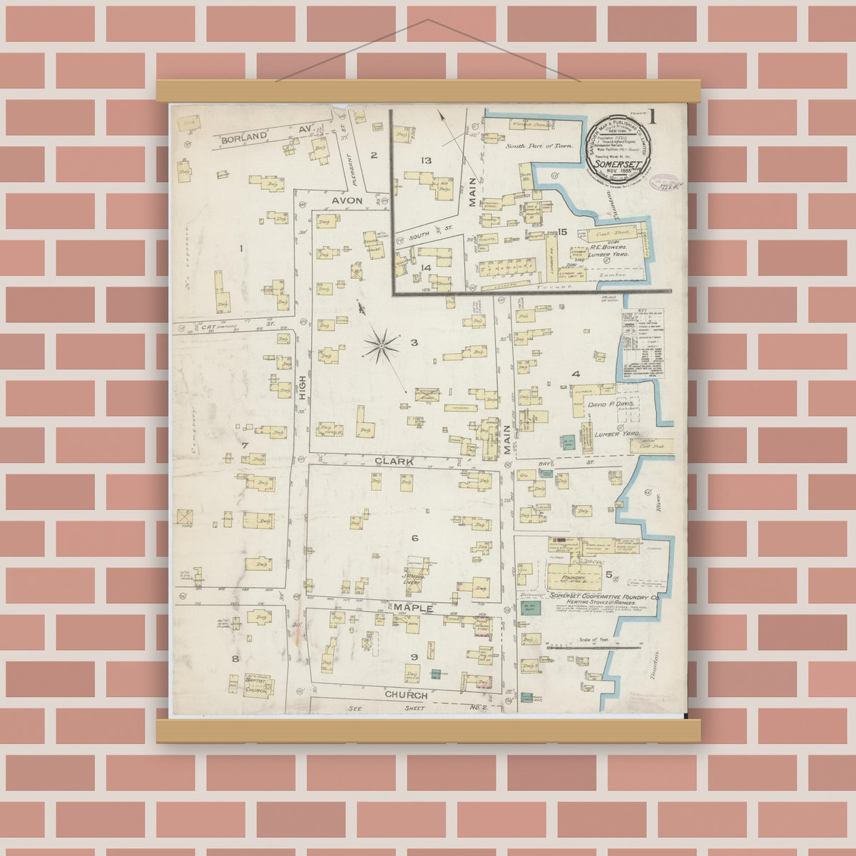 Old map wall art mockup — magnetic wood frame on brick wall — Sanborn Fire Insurance Map from Somerset, Bristol County, Massachusetts (1885) - Complete Map Set