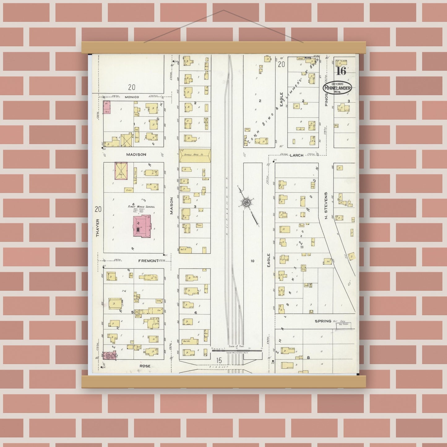 Old map wall art mockup — magnetic wood frame on brick wall — Sanborn Fire Insurance Map from Rhinelander, Oneida County, Wisconsin (1920), Sheet #0016