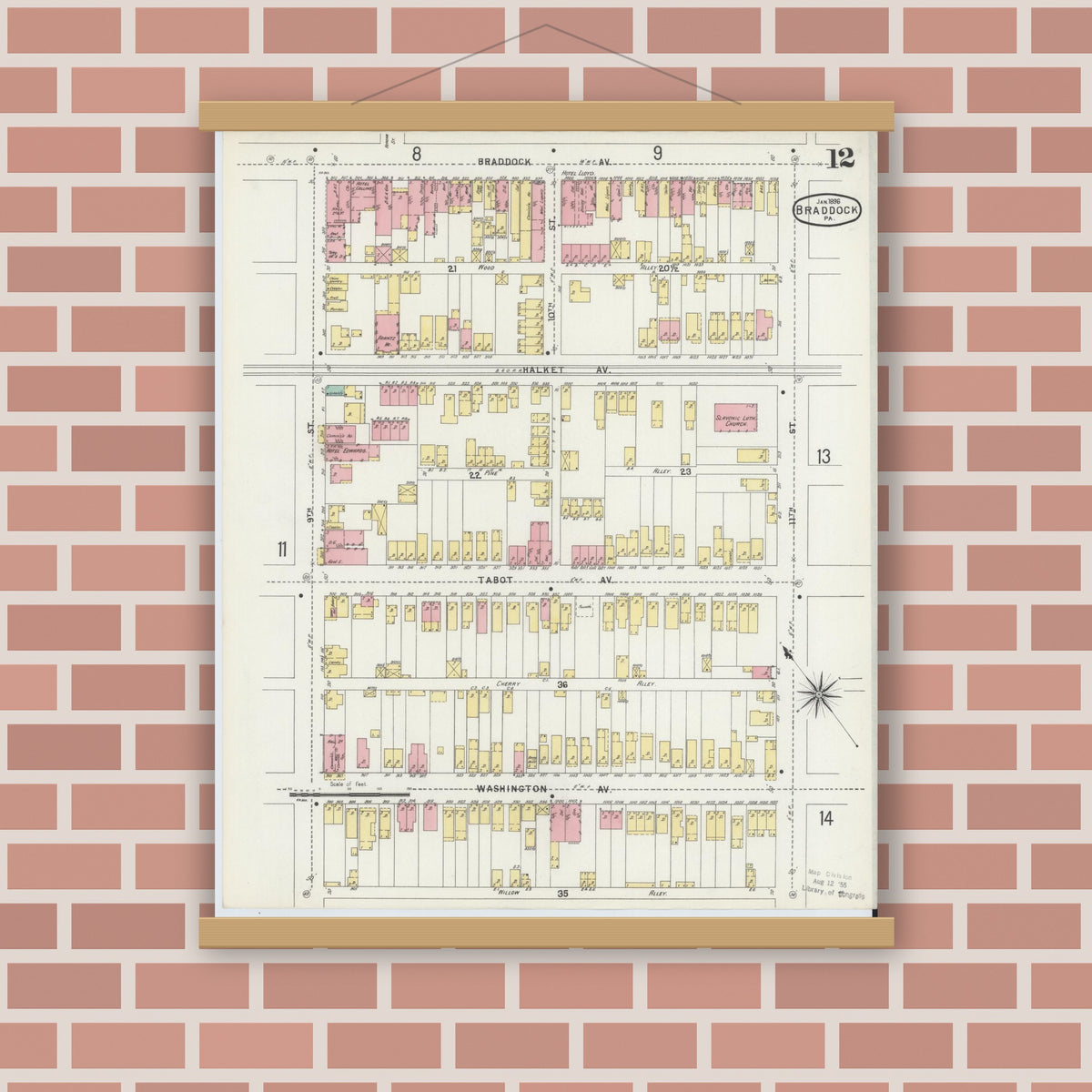 Old map wall art mockup — magnetic wood frame on brick wall — Sanborn Fire Insurance Map from Braddock, Allegheny County, Pennsylvania (1896), Sheet #0012