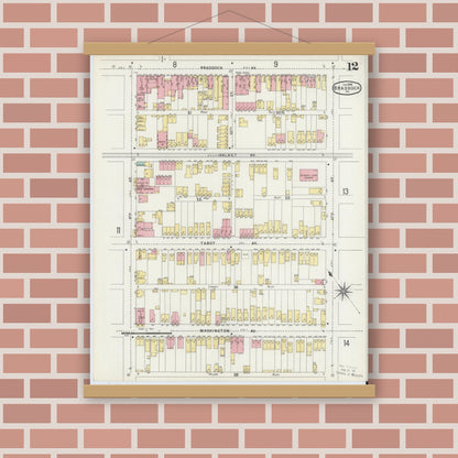Old map wall art mockup — magnetic wood frame on brick wall — Sanborn Fire Insurance Map from Braddock, Allegheny County, Pennsylvania (1896), Sheet #0012