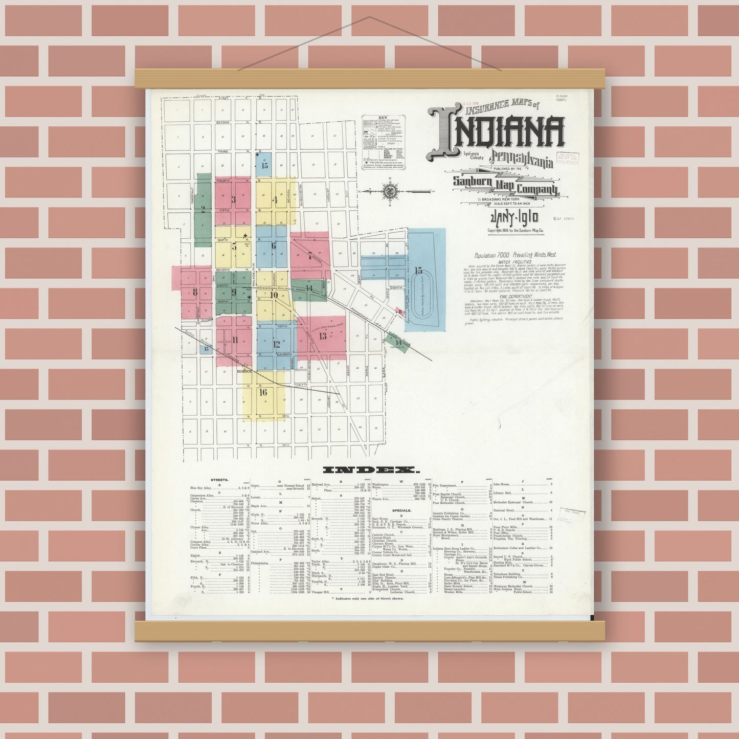 Old map wall art mockup — magnetic wood frame on brick wall — Sanborn Fire Insurance Map from Indiana, Indiana County, Pennsylvania (1910), Sheet #0001