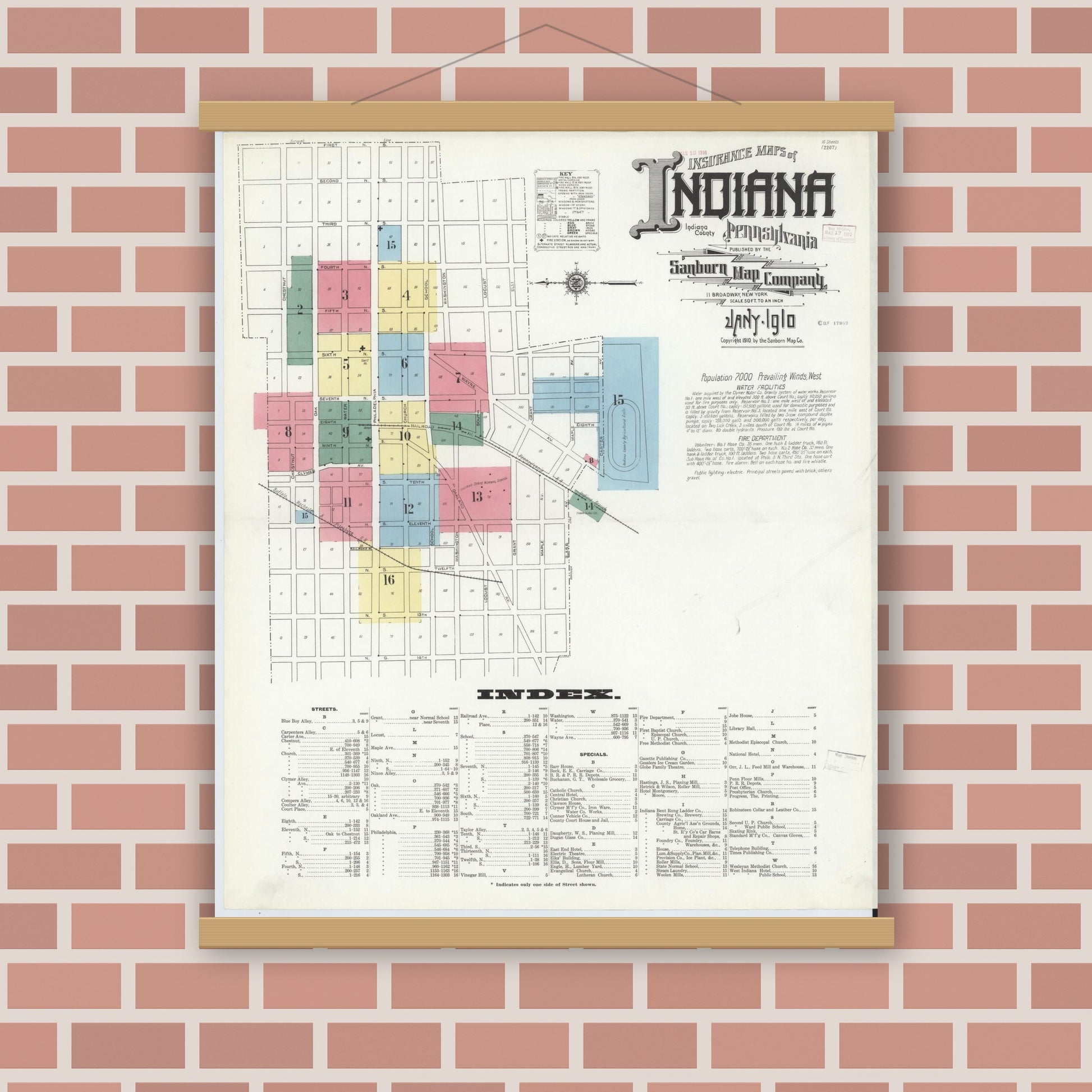 Old map wall art mockup — magnetic wood frame on brick wall — Sanborn Fire Insurance Map from Indiana, Indiana County, Pennsylvania (1910), Sheet #0001