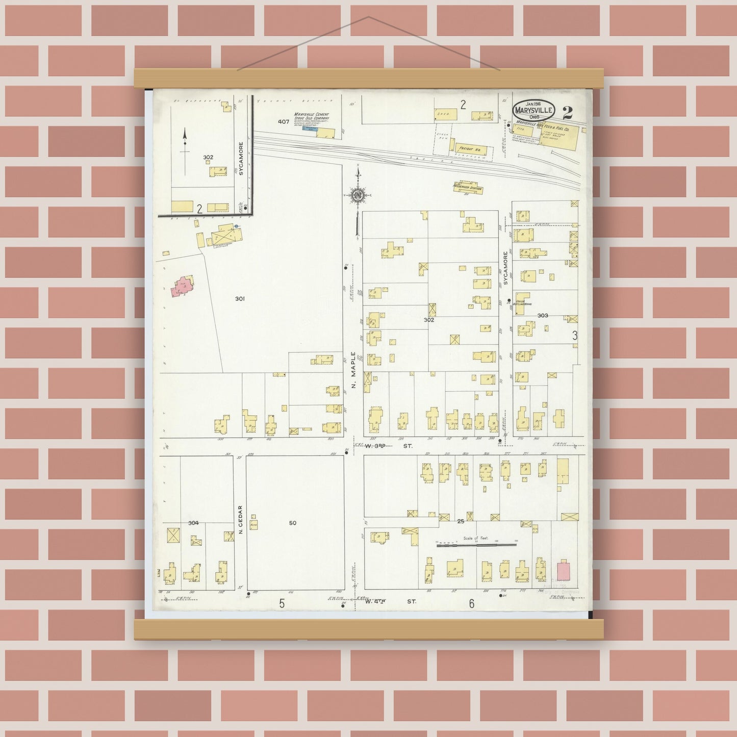 Old map wall art mockup — magnetic wood frame on brick wall — Sanborn Fire Insurance Map from Marysville, Union County, Ohio (1916), Sheet #0002