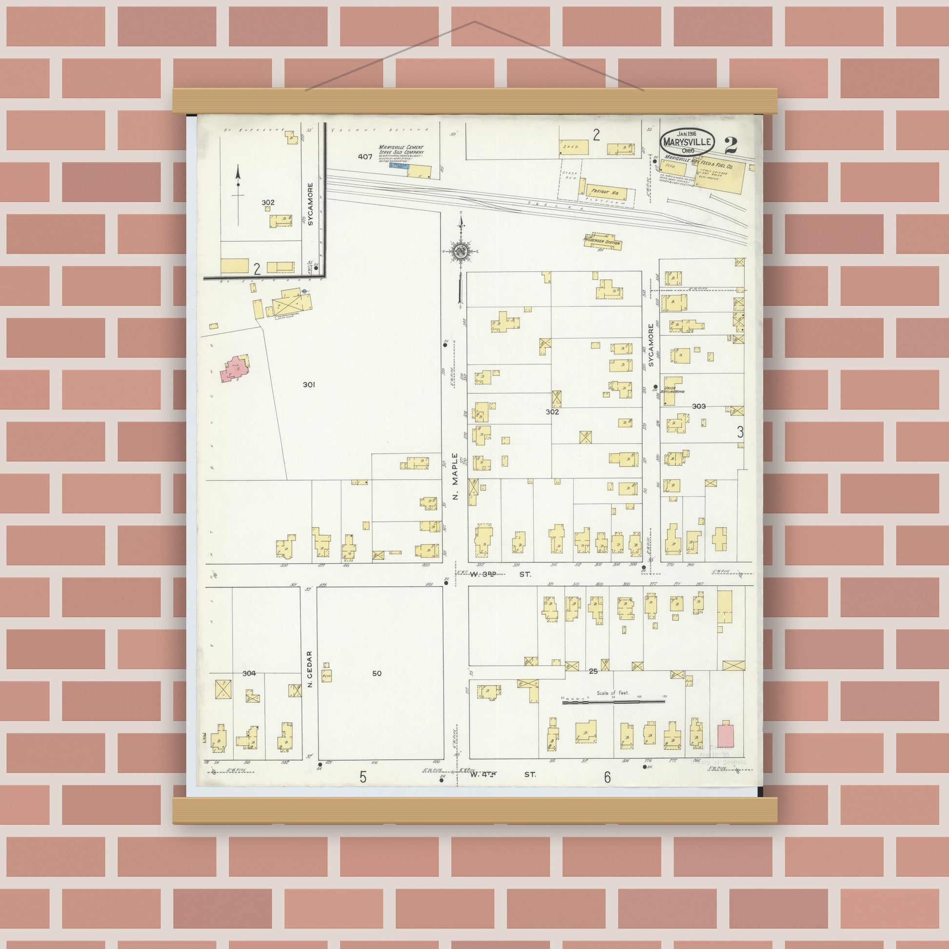 Old map wall art mockup — magnetic wood frame on brick wall — Sanborn Fire Insurance Map from Marysville, Union County, Ohio (1916), Sheet #0002