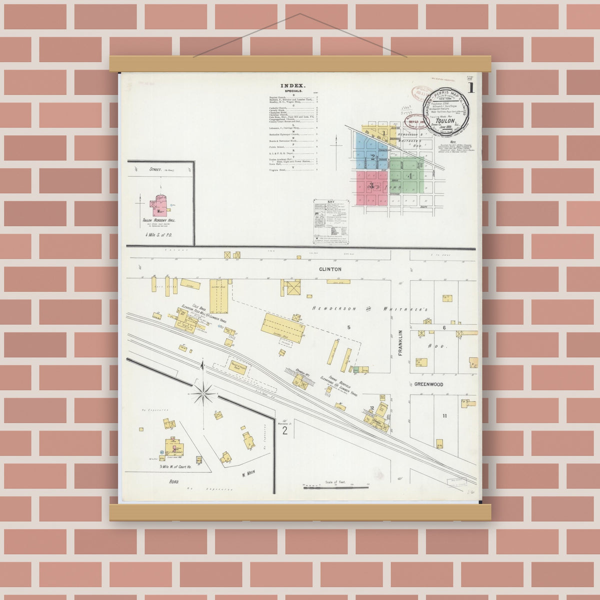 Old map wall art mockup — magnetic wood frame on brick wall — Sanborn Fire Insurance Map from Toulon, Stark County, Illinois (1899), Sheet #0001