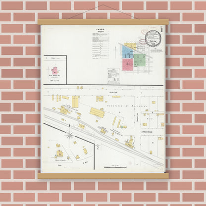 Old map wall art mockup — magnetic wood frame on brick wall — Sanborn Fire Insurance Map from Toulon, Stark County, Illinois (1899), Sheet #0001