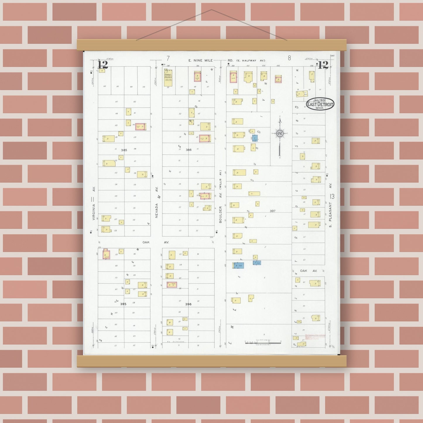 Old map wall art mockup — magnetic wood frame on brick wall — Sanborn Fire Insurance Map from East Detroit, Macomb County, Michigan (1931), Sheet #0012