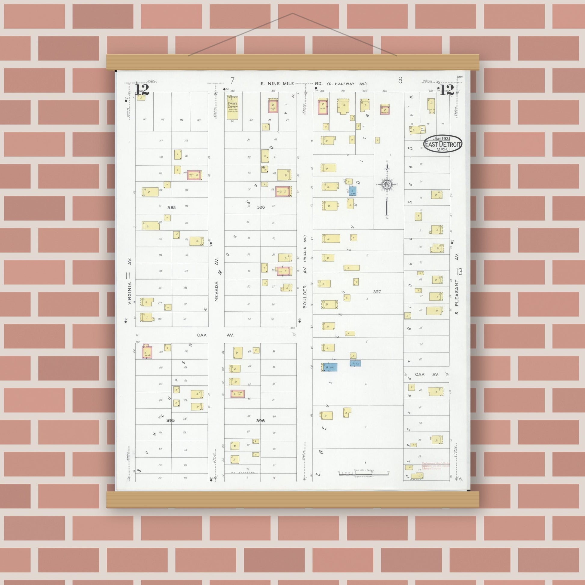 Old map wall art mockup — magnetic wood frame on brick wall — Sanborn Fire Insurance Map from East Detroit, Macomb County, Michigan (1931), Sheet #0012