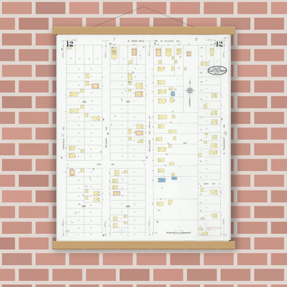 Old map wall art mockup — magnetic wood frame on brick wall — Sanborn Fire Insurance Map from East Detroit, Macomb County, Michigan (1931), Sheet #0012