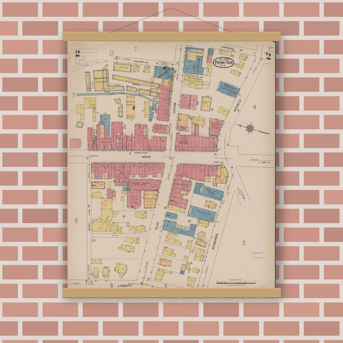 Old map wall art mockup — magnetic wood frame on brick wall — Sanborn Fire Insurance Map from Penn Yan, Yates County, New York (1922) - Complete Map Set