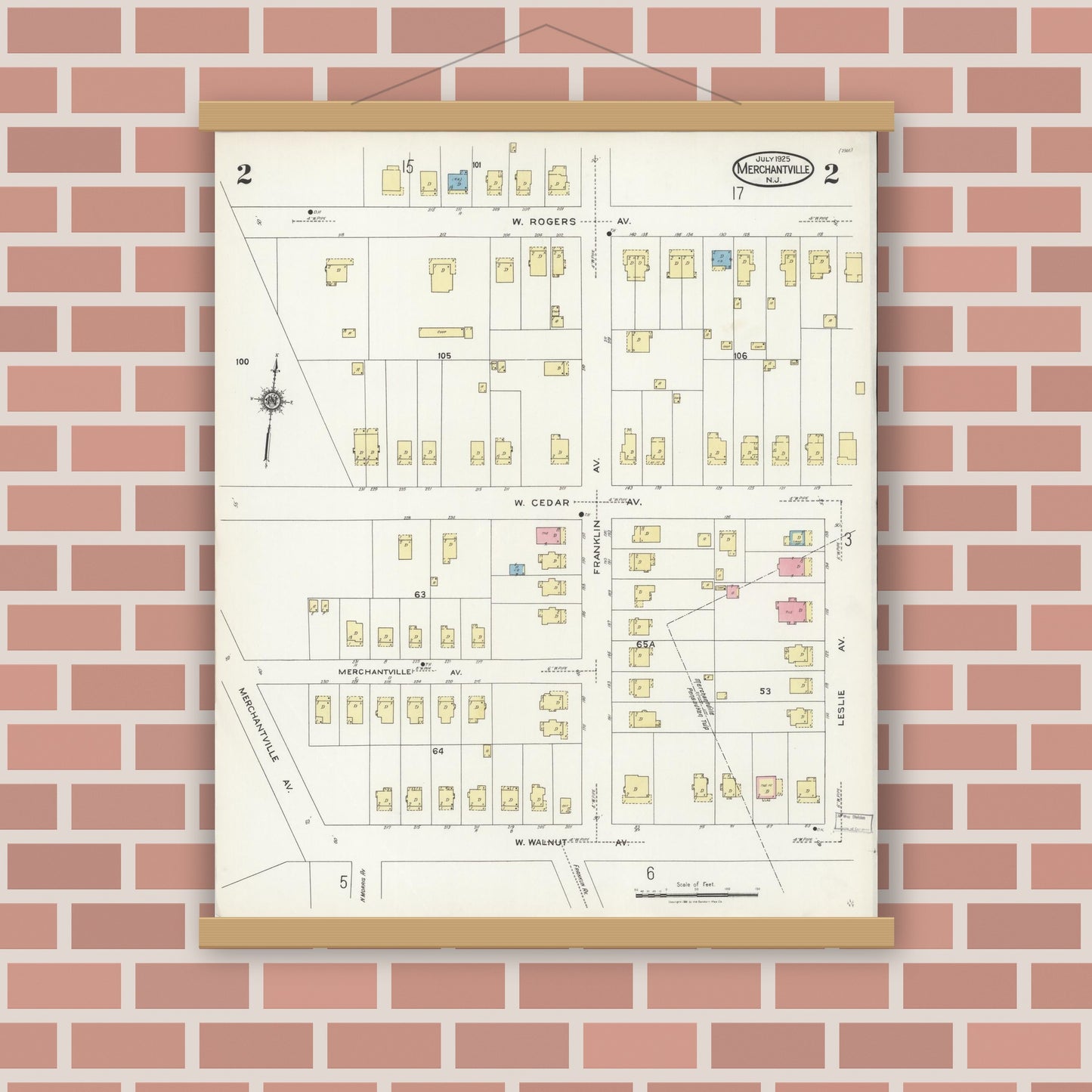 Old map wall art mockup — magnetic wood frame on brick wall — Sanborn Fire Insurance Map from Merchantville, Camden County, New Jersey (1925), Sheet #0002