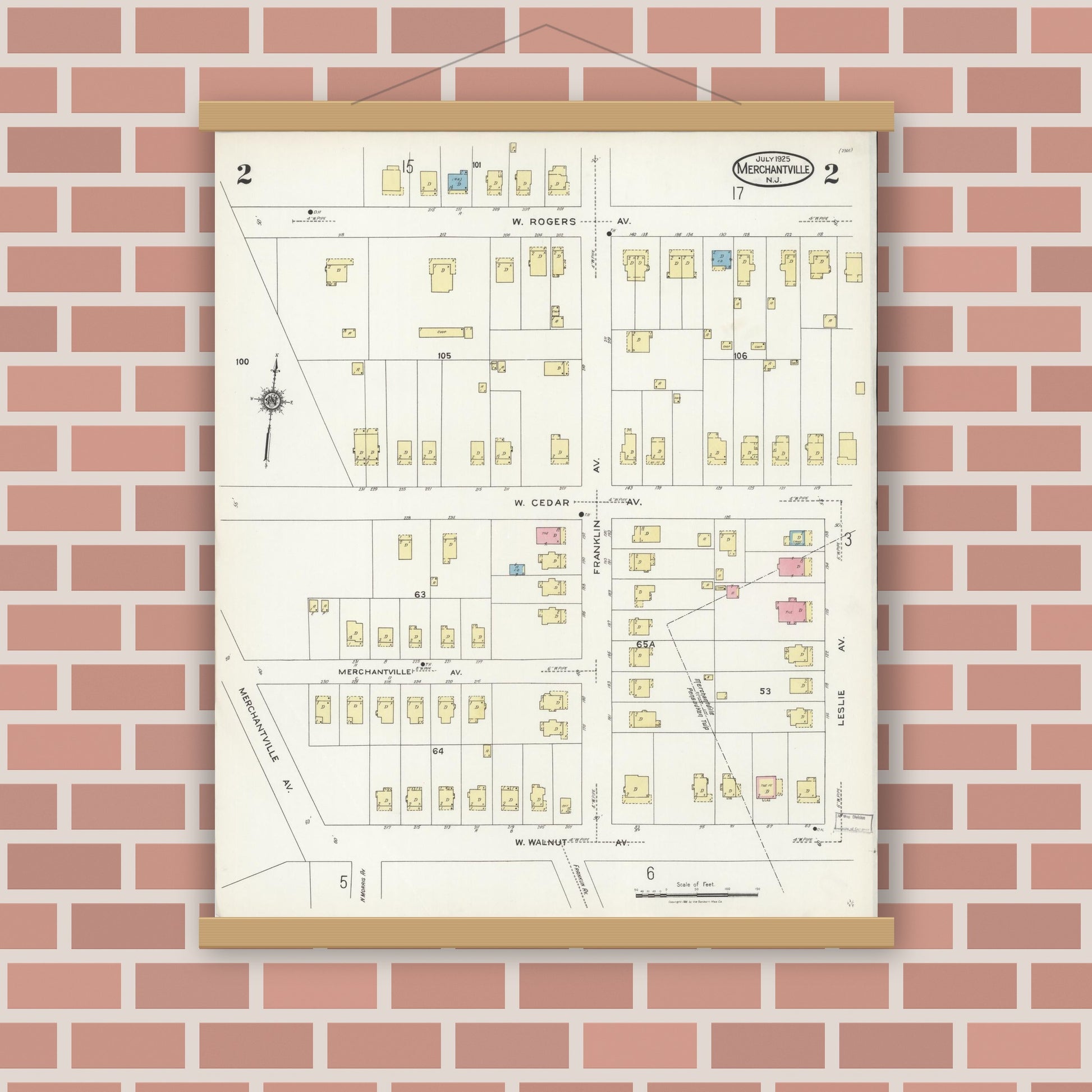 Old map wall art mockup — magnetic wood frame on brick wall — Sanborn Fire Insurance Map from Merchantville, Camden County, New Jersey (1925), Sheet #0002