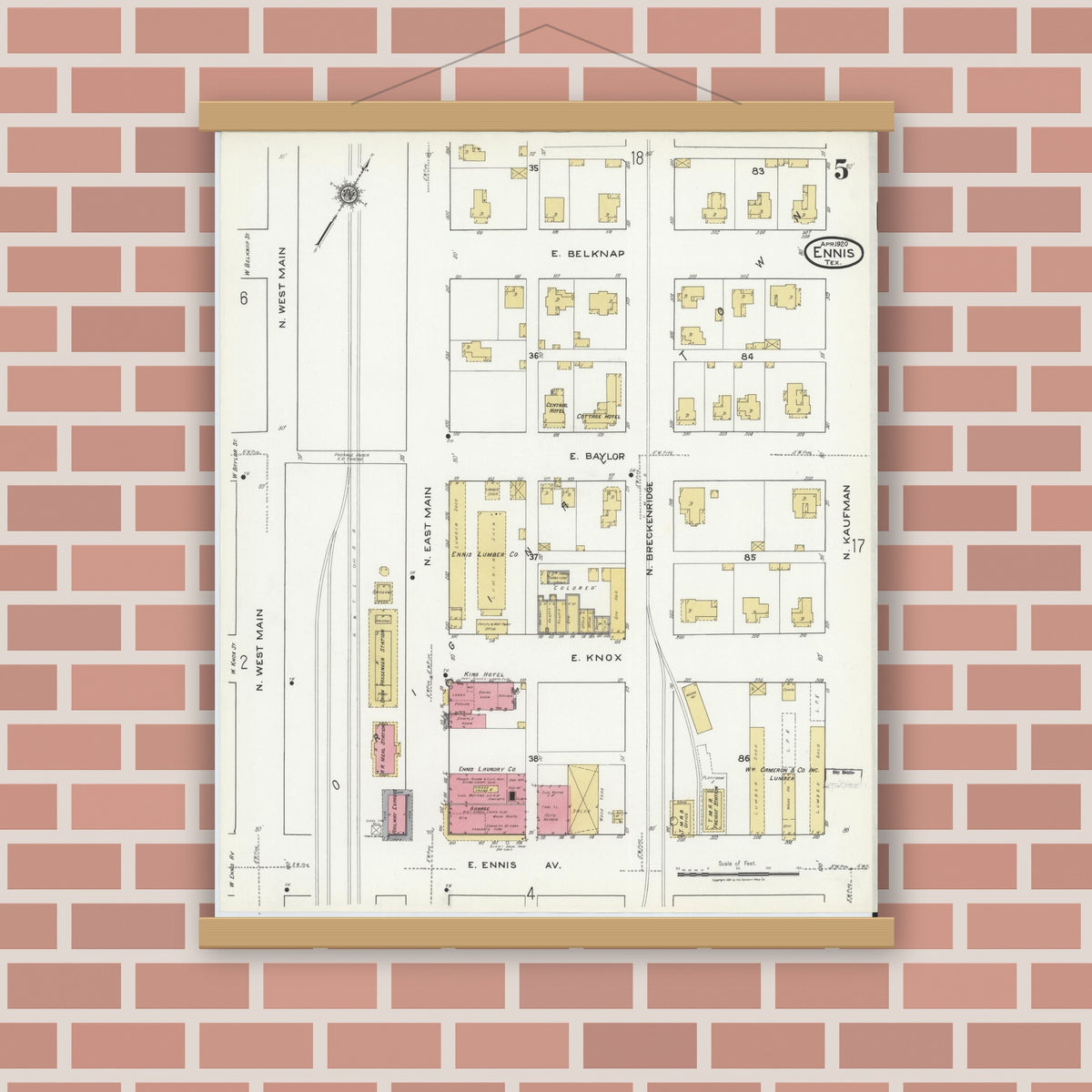 Old map wall art mockup — magnetic wood frame on brick wall — Sanborn Fire Insurance Map from Ennis, Ellis County, Texas (1920), Sheet #0005