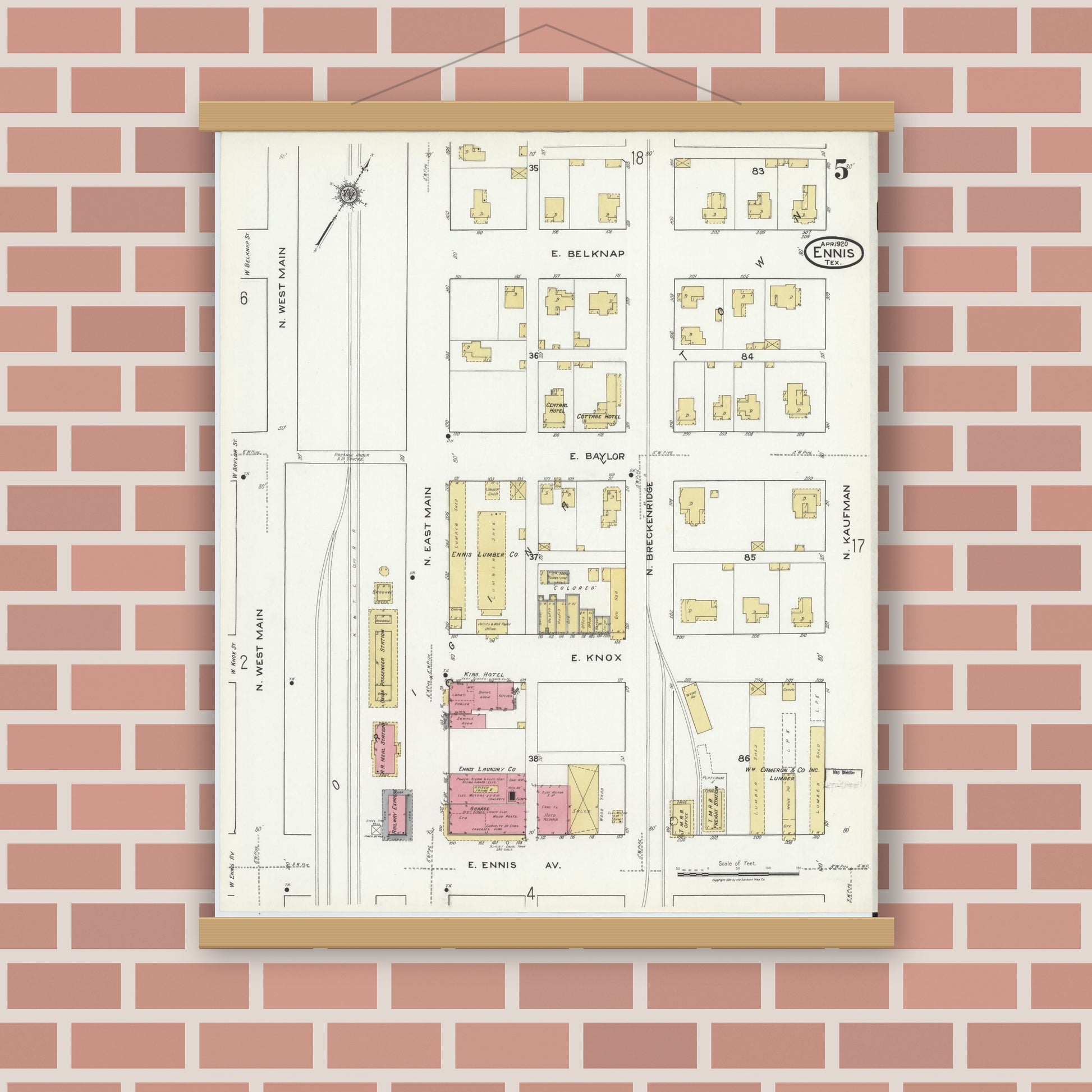 Old map wall art mockup — magnetic wood frame on brick wall — Sanborn Fire Insurance Map from Ennis, Ellis County, Texas (1920), Sheet #0005