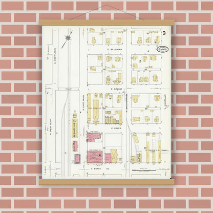Old map wall art mockup — magnetic wood frame on brick wall — Sanborn Fire Insurance Map from Ennis, Ellis County, Texas (1920), Sheet #0005