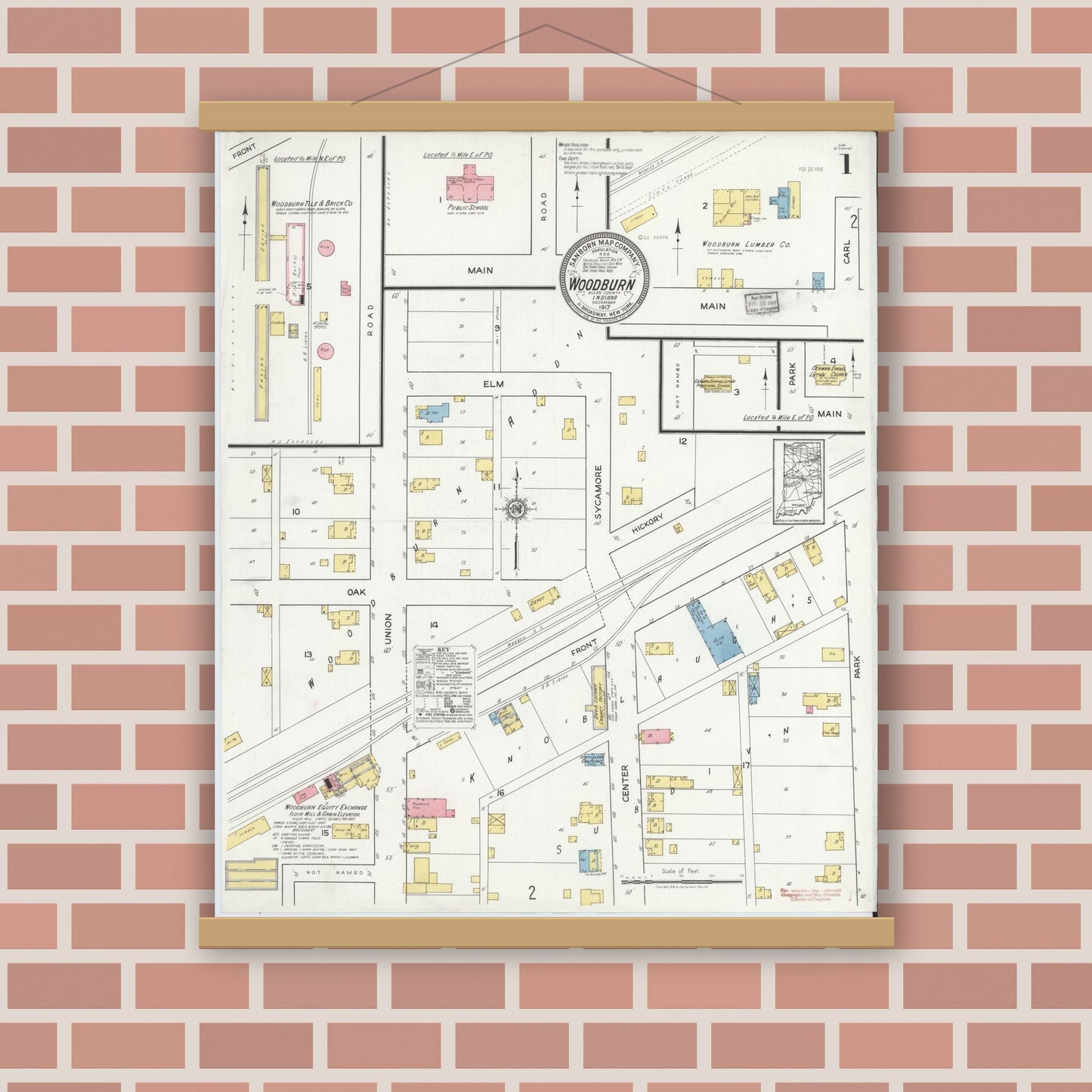 Old map wall art mockup — magnetic wood frame on brick wall — Sanborn Fire Insurance Map from Woodburn, Allen County, Indiana (1917) - Complete Map Set
