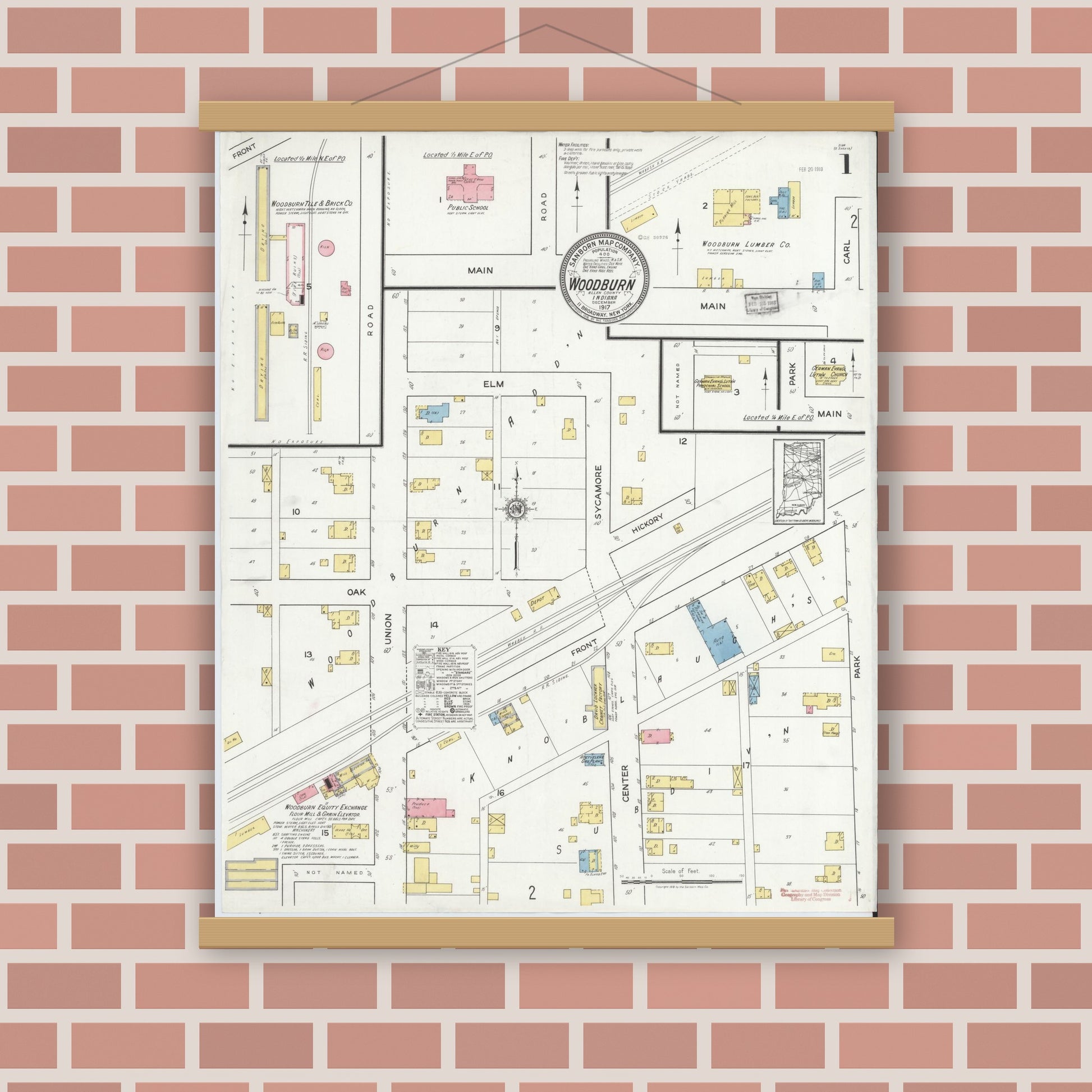 Old map wall art mockup — magnetic wood frame on brick wall — Sanborn Fire Insurance Map from Woodburn, Allen County, Indiana (1917) - Complete Map Set