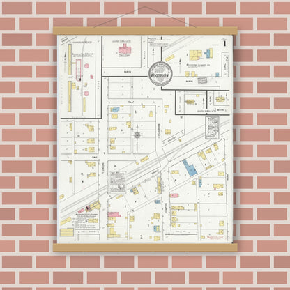 Old map wall art mockup — magnetic wood frame on brick wall — Sanborn Fire Insurance Map from Woodburn, Allen County, Indiana (1917) - Complete Map Set