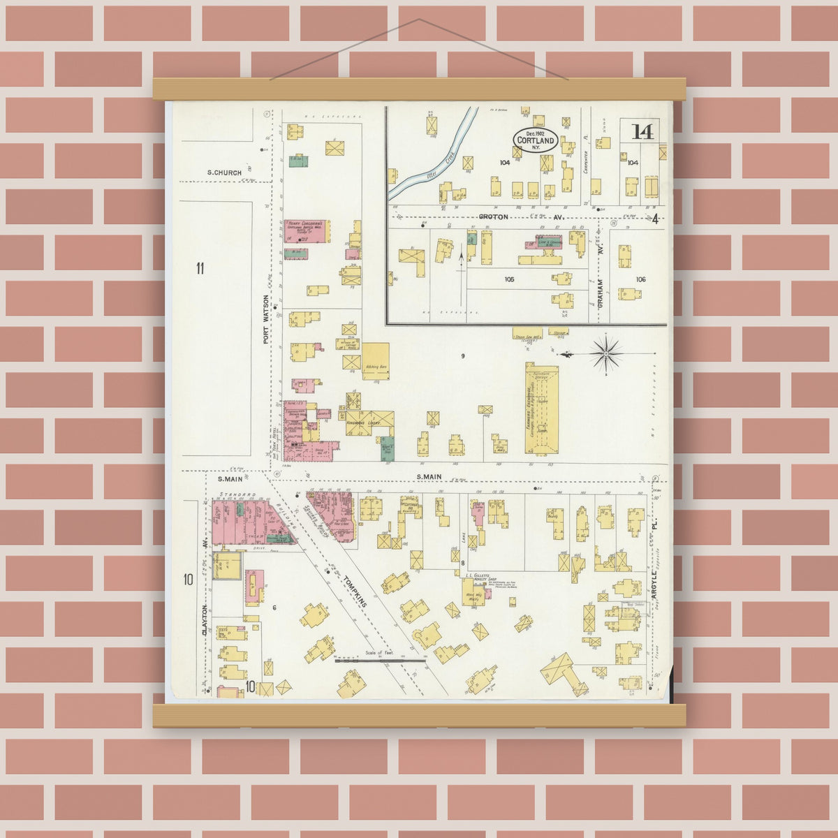 Old map wall art mockup — magnetic wood frame on brick wall — Sanborn Fire Insurance Map from Cortland, Cortland County, New York (1902), Sheet #0014