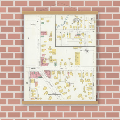 Old map wall art mockup — magnetic wood frame on brick wall — Sanborn Fire Insurance Map from Cortland, Cortland County, New York (1902), Sheet #0014