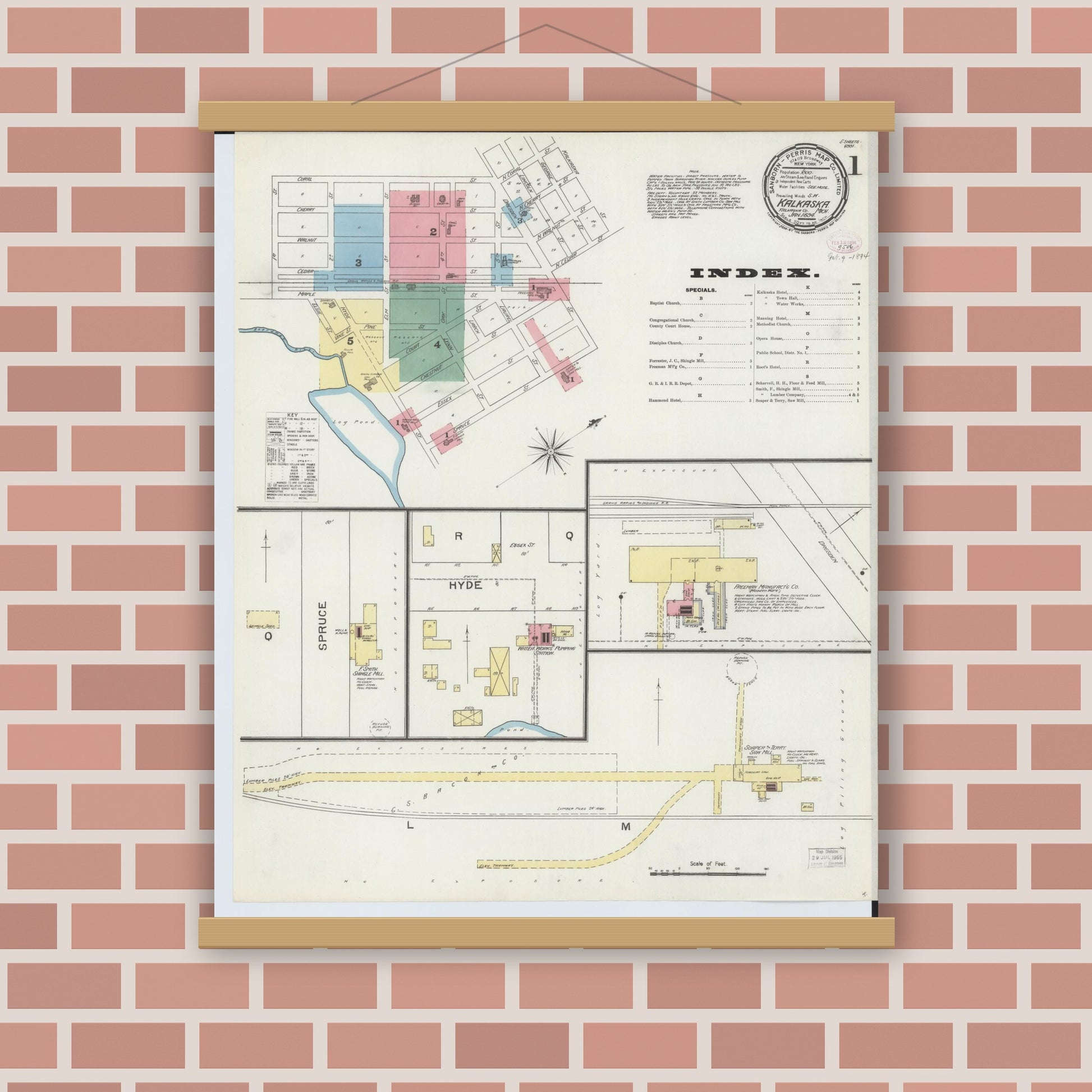 Old map wall art mockup — magnetic wood frame on brick wall — Sanborn Fire Insurance Map from Kalkaska, Kalkaska County, Michigan (1894), Sheet #0001