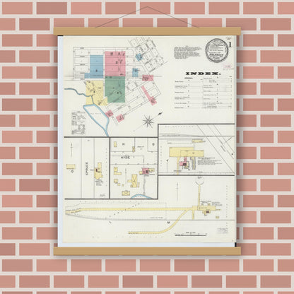 Old map wall art mockup — magnetic wood frame on brick wall — Sanborn Fire Insurance Map from Kalkaska, Kalkaska County, Michigan (1894), Sheet #0001