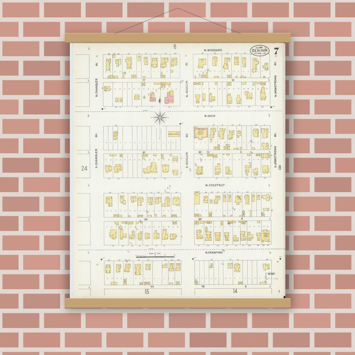 Old map wall art mockup — magnetic wood frame on brick wall — Sanborn Fire Insurance Map from Denison, Grayson County, Texas (1903), Sheet #0007
