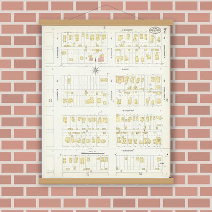 Old map wall art mockup — magnetic wood frame on brick wall — Sanborn Fire Insurance Map from Denison, Grayson County, Texas (1903), Sheet #0007