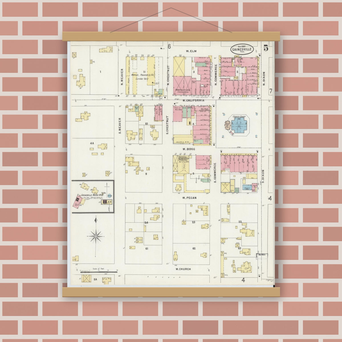 Old map wall art mockup — magnetic wood frame on brick wall — Sanborn Fire Insurance Map from Gainesville, Cooke County, Texas (1897), Sheet #0005