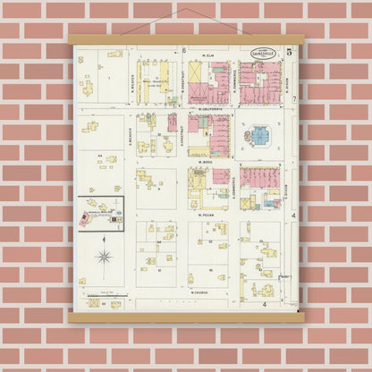 Old map wall art mockup — magnetic wood frame on brick wall — Sanborn Fire Insurance Map from Gainesville, Cooke County, Texas (1897), Sheet #0005