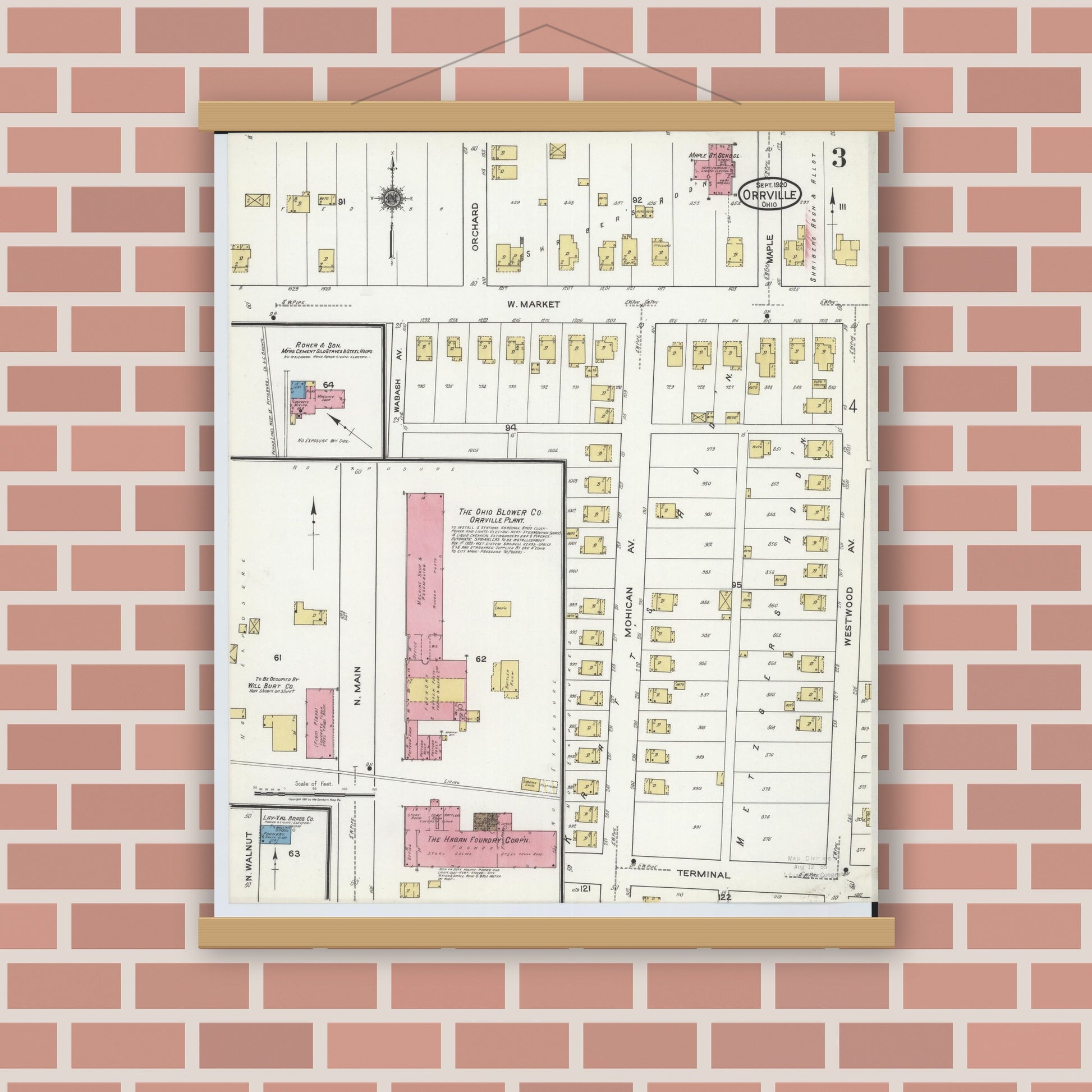 Old map wall art mockup — magnetic wood frame on brick wall — Sanborn Fire Insurance Map from Orrville, Wayne County, Ohio (1920), Sheet #0003