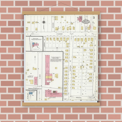 Old map wall art mockup — magnetic wood frame on brick wall — Sanborn Fire Insurance Map from Orrville, Wayne County, Ohio (1920), Sheet #0003