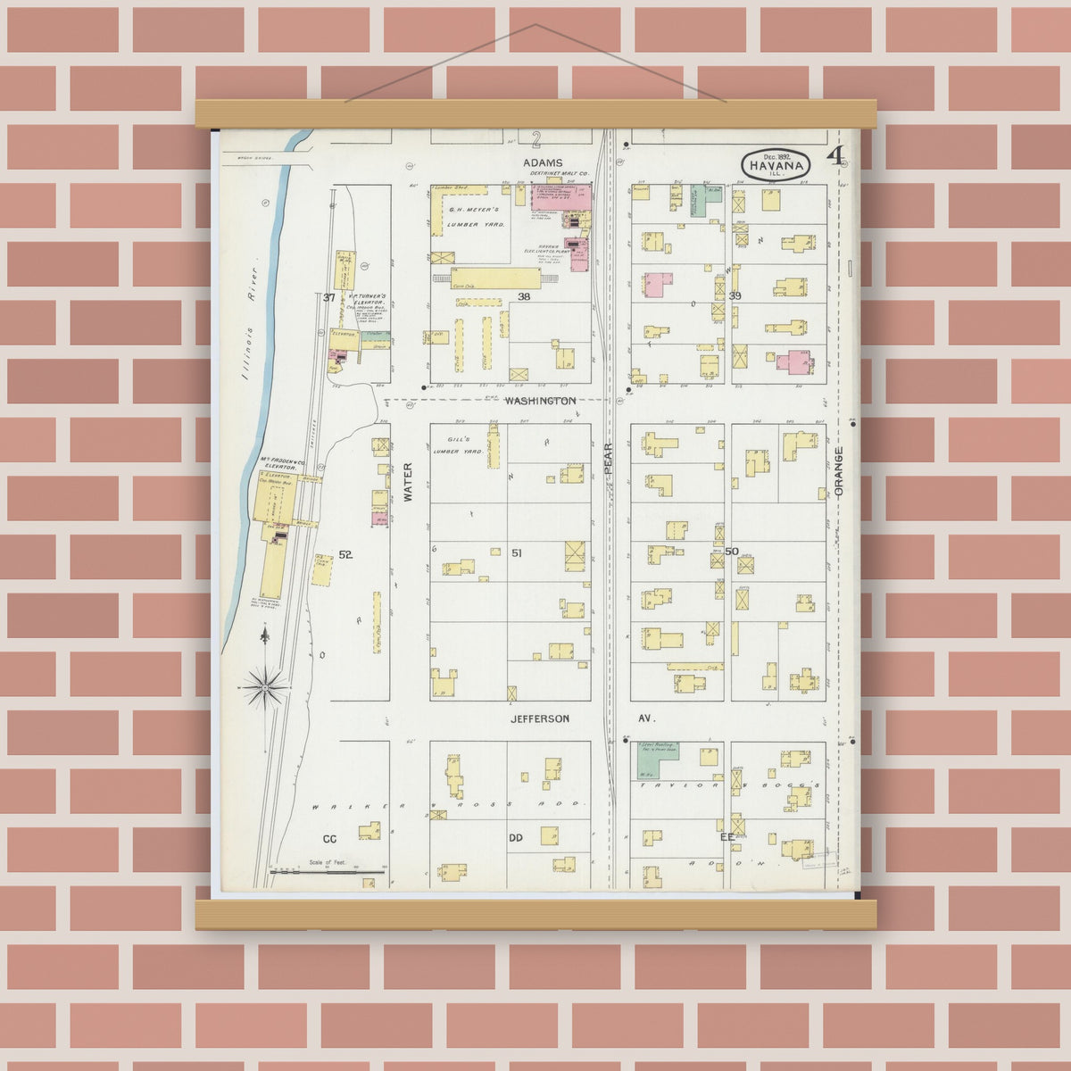 Old map wall art mockup — magnetic wood frame on brick wall — Sanborn Fire Insurance Map from Havana, Mason County, Illinois (1892), Sheet #0004