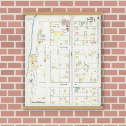 Old map wall art mockup — magnetic wood frame on brick wall — Sanborn Fire Insurance Map from Havana, Mason County, Illinois (1892), Sheet #0004