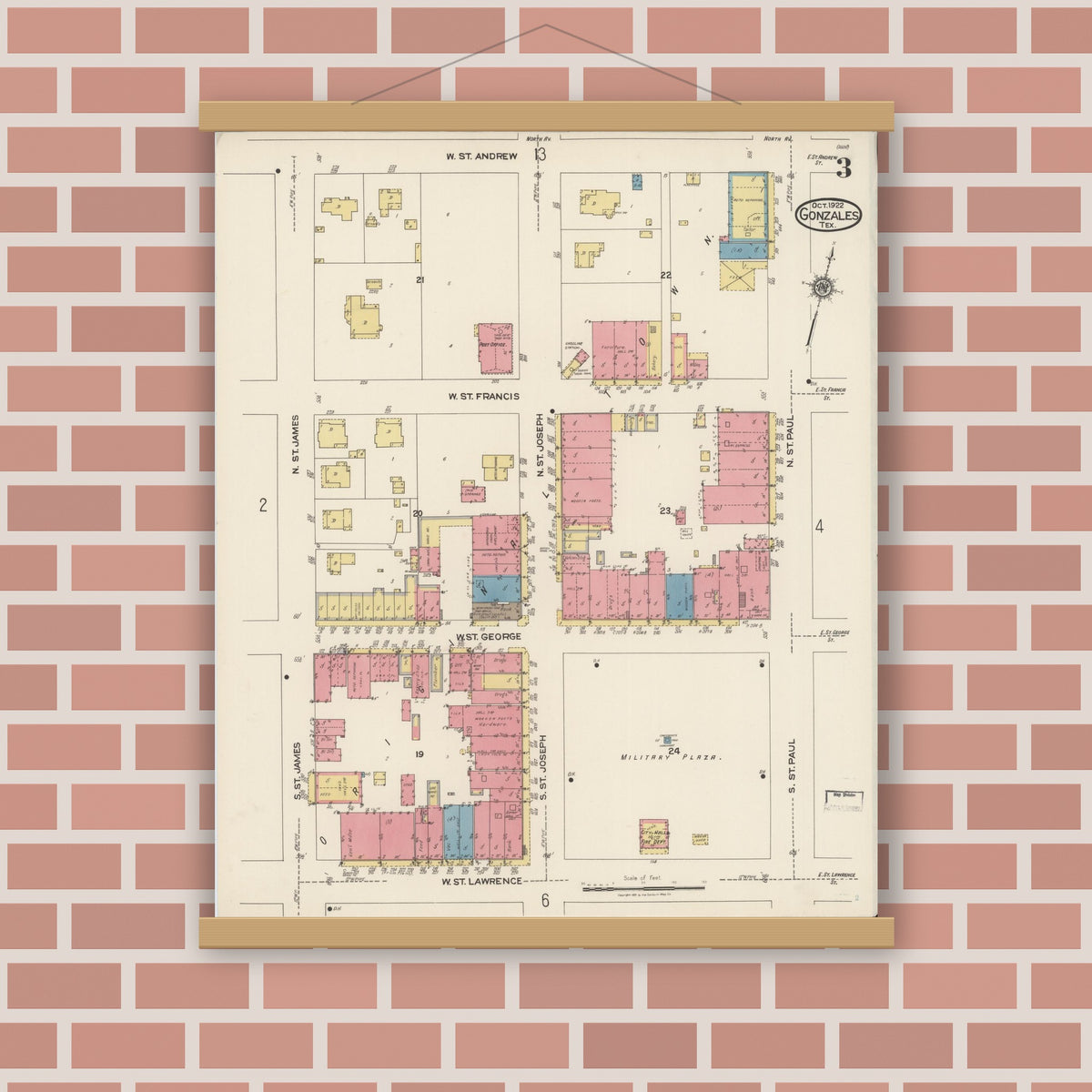 Old map wall art mockup — magnetic wood frame on brick wall — Sanborn Fire Insurance Map from Gonzales, Gonzales County, Texas (1922), Sheet #0003