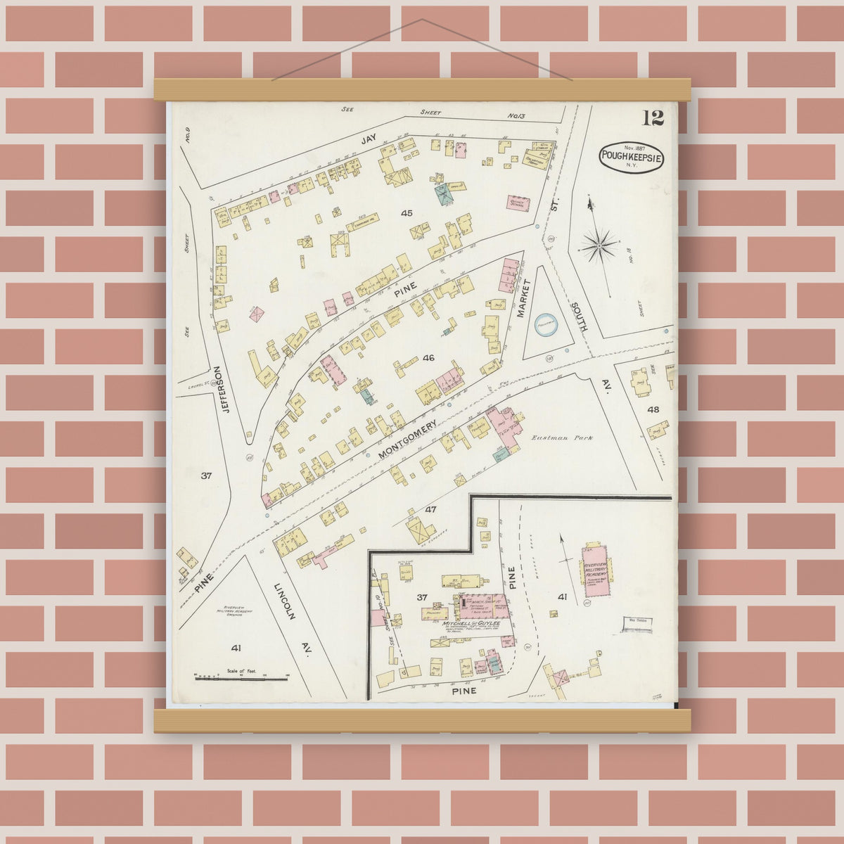 Old map wall art mockup — magnetic wood frame on brick wall — Sanborn Fire Insurance Map from Poughkeepsie, Dutchess County, New York (1887), Sheet #0012