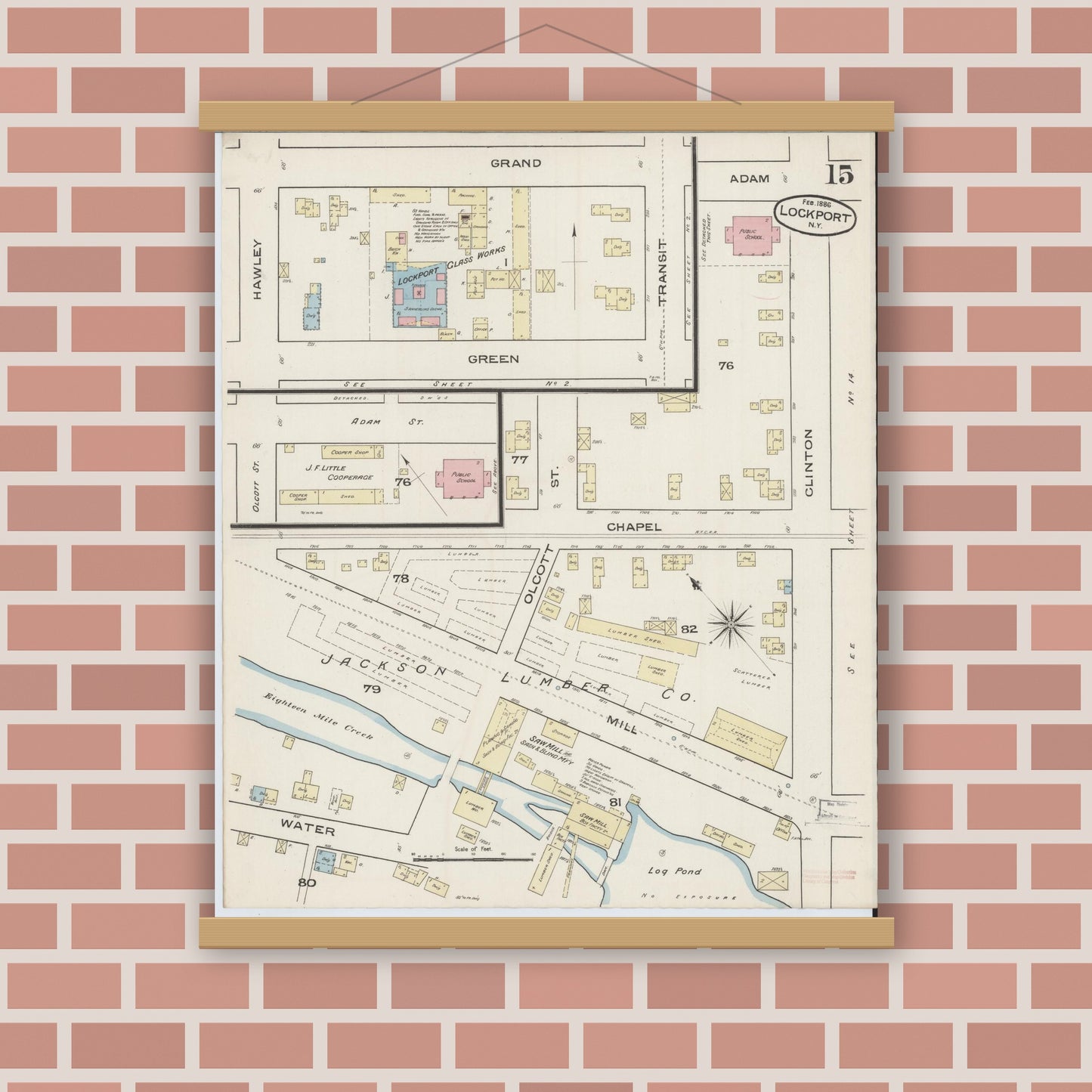 Old map wall art mockup — magnetic wood frame on brick wall — Sanborn Fire Insurance Map from Lockport, Niagara County, New York (1886), Sheet #0014