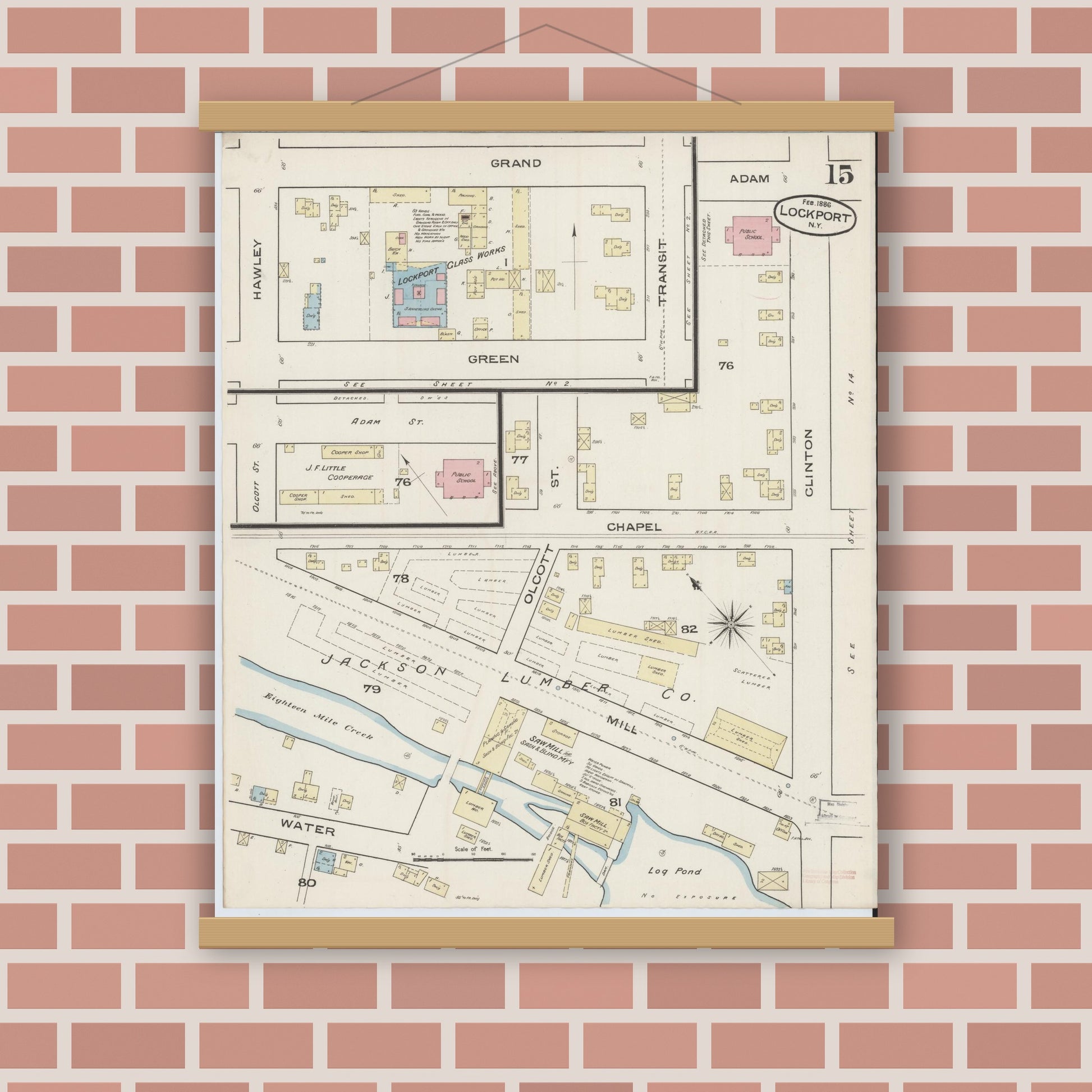 Old map wall art mockup — magnetic wood frame on brick wall — Sanborn Fire Insurance Map from Lockport, Niagara County, New York (1886), Sheet #0014