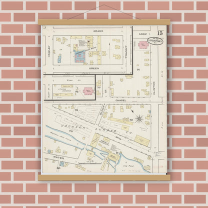 Old map wall art mockup — magnetic wood frame on brick wall — Sanborn Fire Insurance Map from Lockport, Niagara County, New York (1886), Sheet #0014