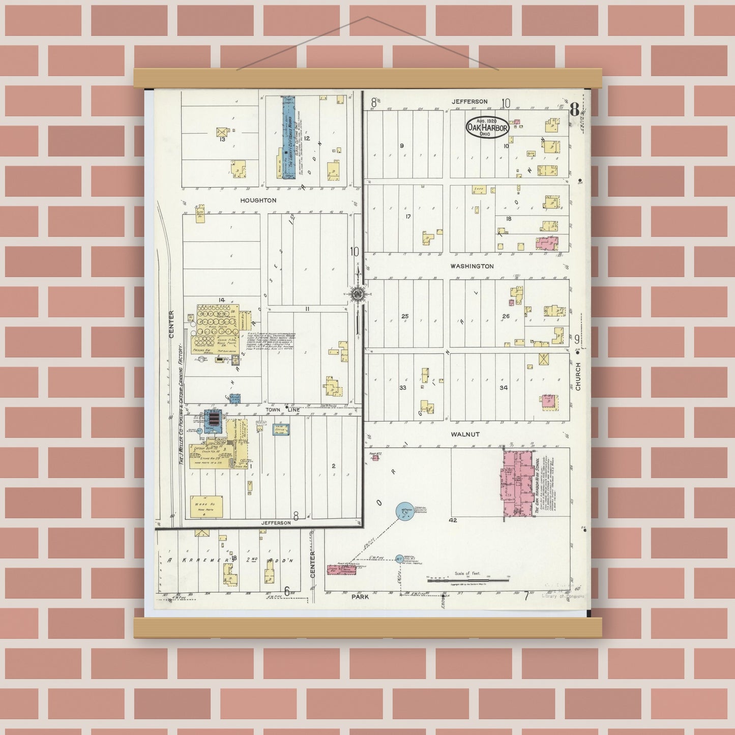 Old map wall art mockup — magnetic wood frame on brick wall — Sanborn Fire Insurance Map from Oak Harbor, Ottawa County, Ohio (1920), Sheet #0008