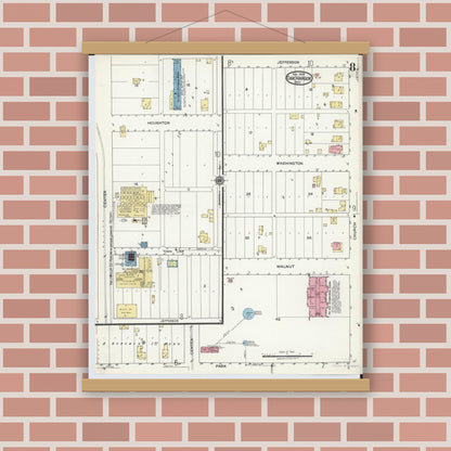 Old map wall art mockup — magnetic wood frame on brick wall — Sanborn Fire Insurance Map from Oak Harbor, Ottawa County, Ohio (1920), Sheet #0008