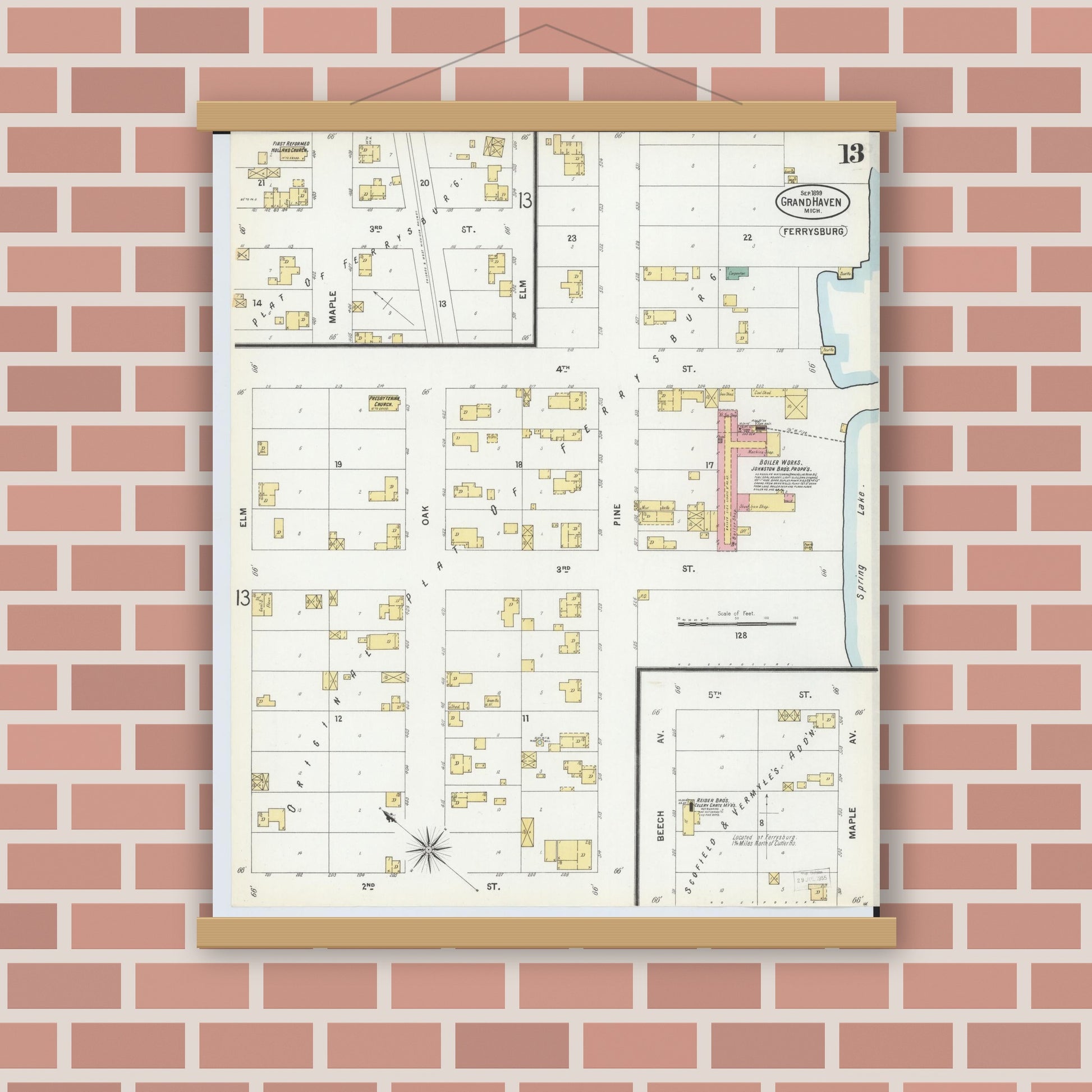 Old map wall art mockup — magnetic wood frame on brick wall — Sanborn Fire Insurance Map from Grand Haven, Ottawa County, Michigan (1899), Sheet #0013