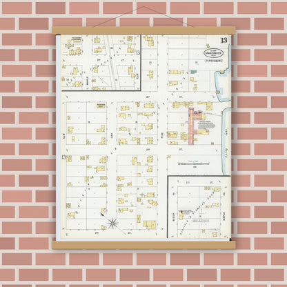 Old map wall art mockup — magnetic wood frame on brick wall — Sanborn Fire Insurance Map from Grand Haven, Ottawa County, Michigan (1899), Sheet #0013