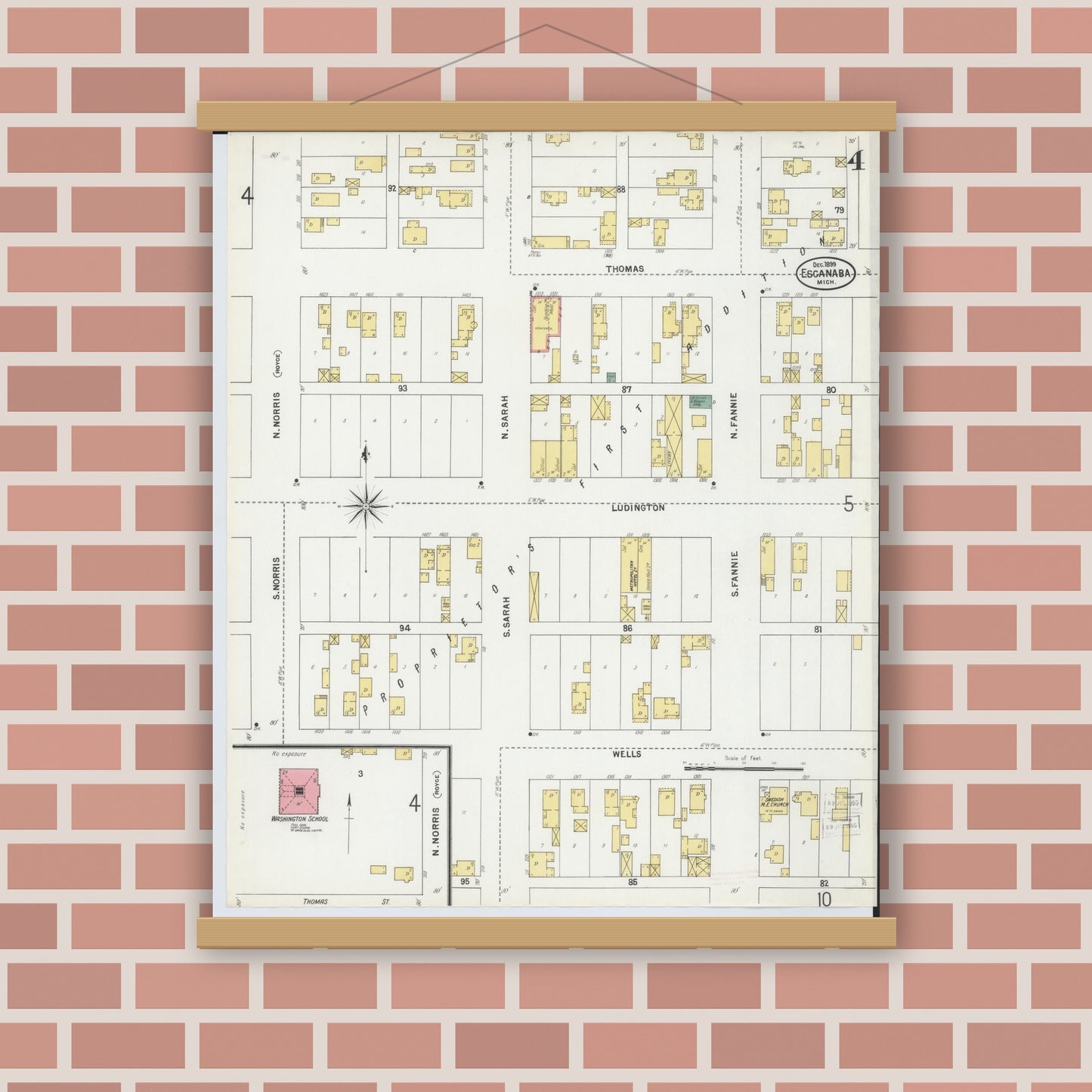 Old map wall art mockup — magnetic wood frame on brick wall — Sanborn Fire Insurance Map from Escanaba, Delta County, Michigan (1899), Sheet #0004
